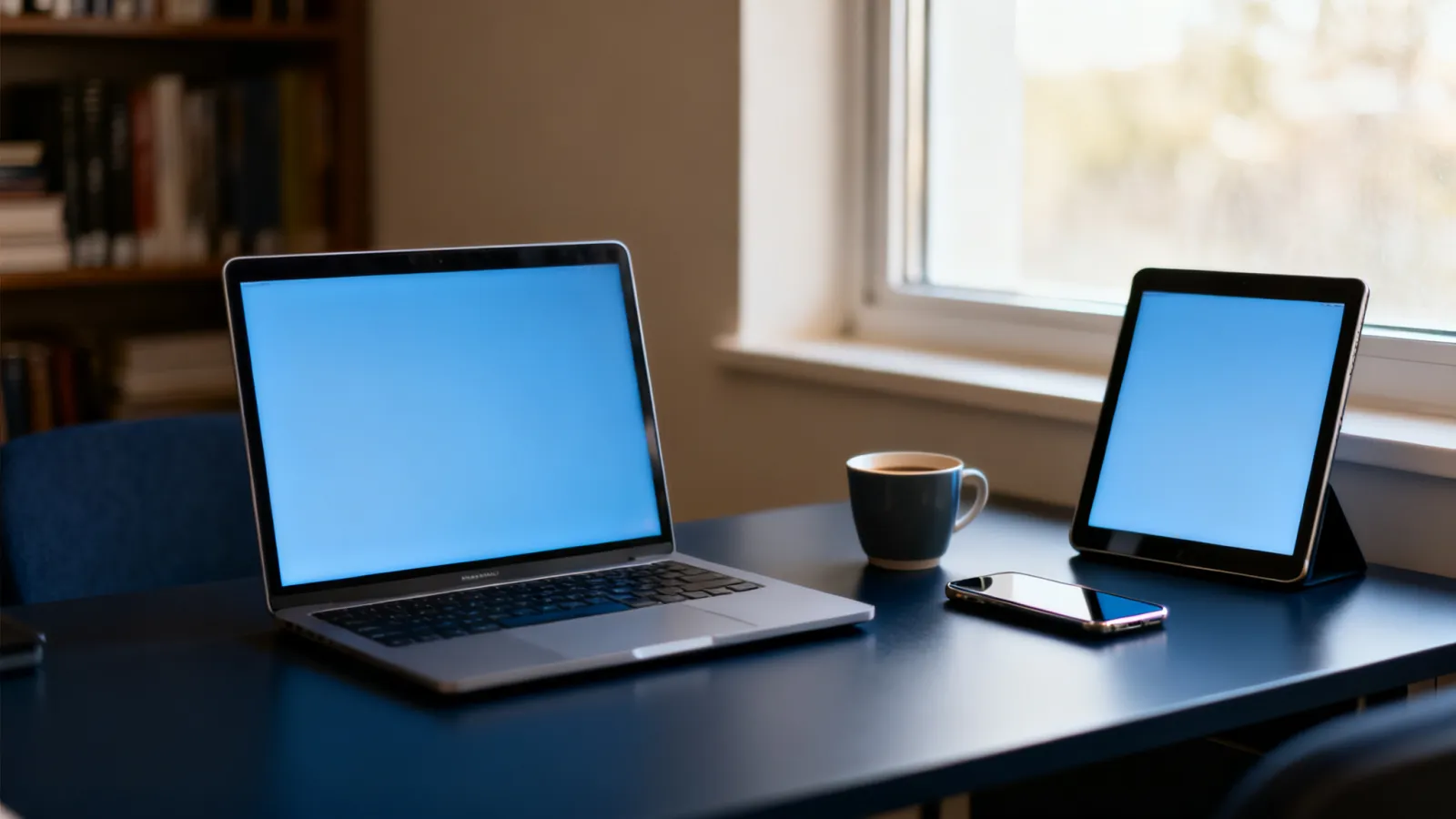 A laptop, tablet and phone side by side on a small office desk