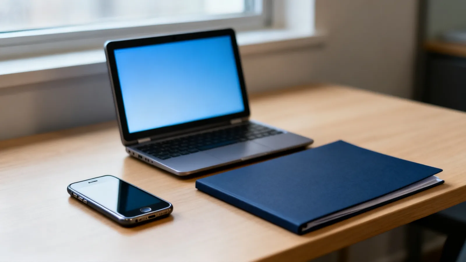 A phone, a laptop and a case folder on a light wood desk