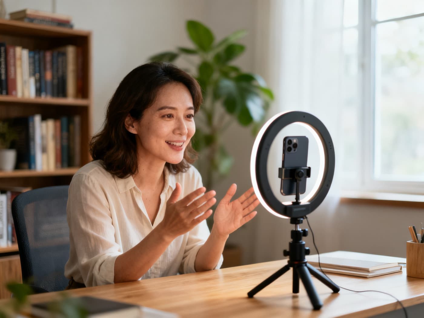 A creator recording a video at her desk with a phone on a tripod and a ring light