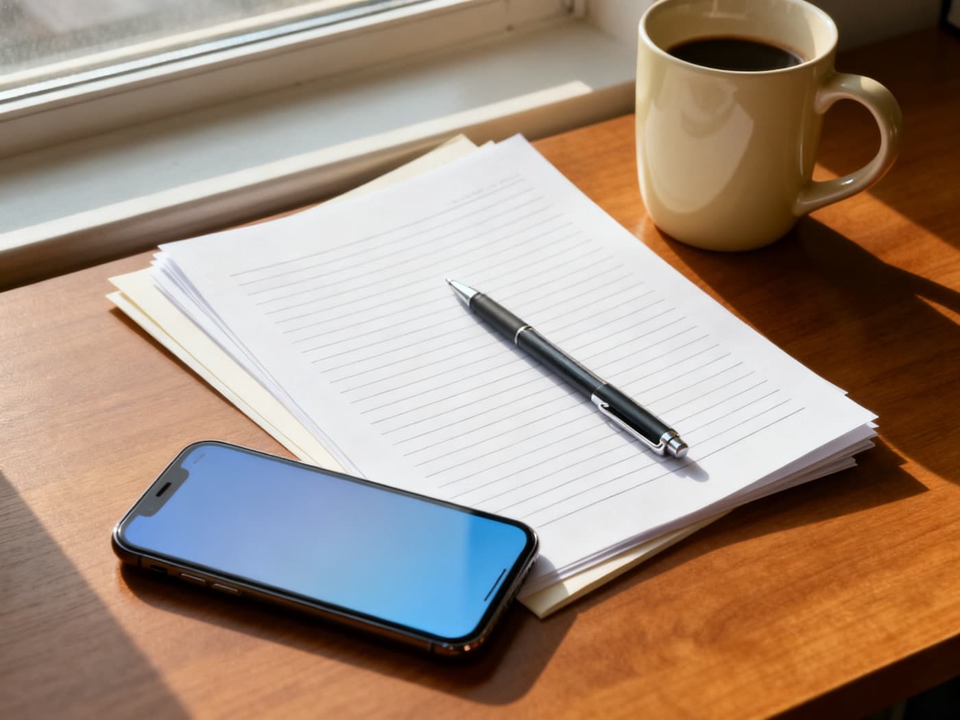 A phone on a desk next to a stack of printed pages