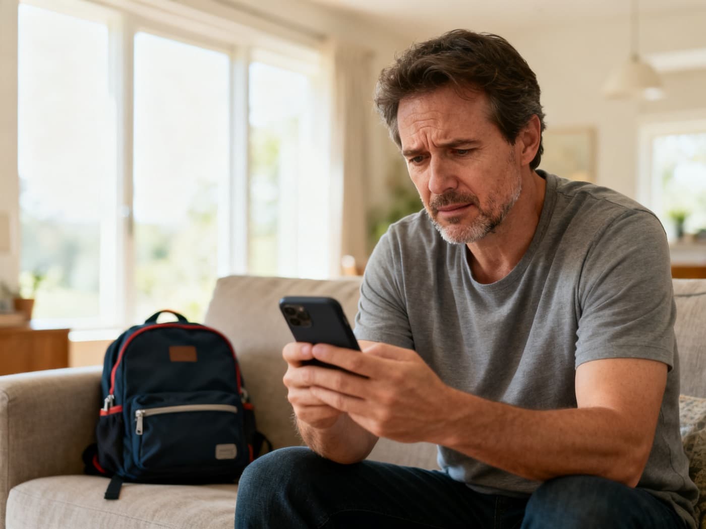 A father on a couch looking at his phone