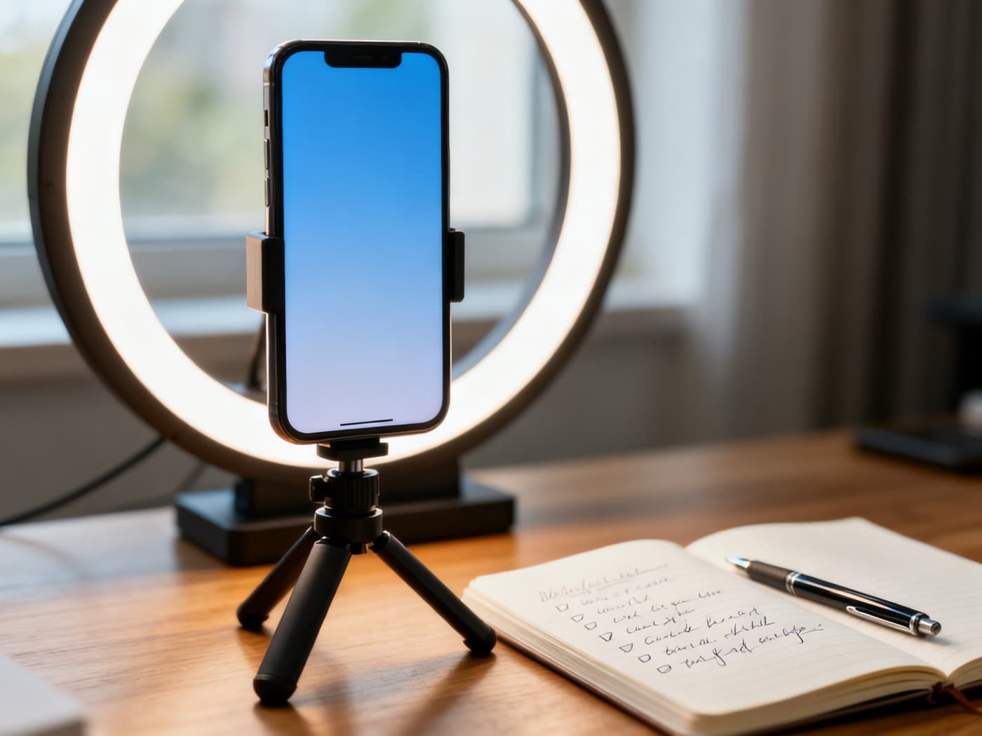 A phone on a small tripod in front of a ring light, beside a notebook of notes