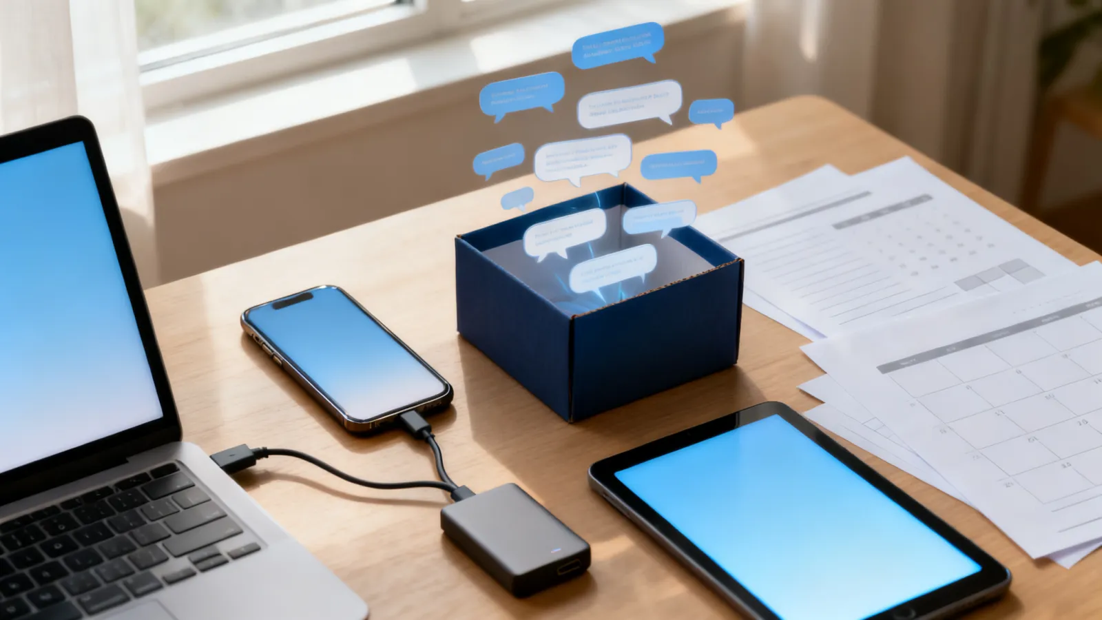 A phone connected to a laptop and an external drive, with message bubbles flowing into a sturdy box