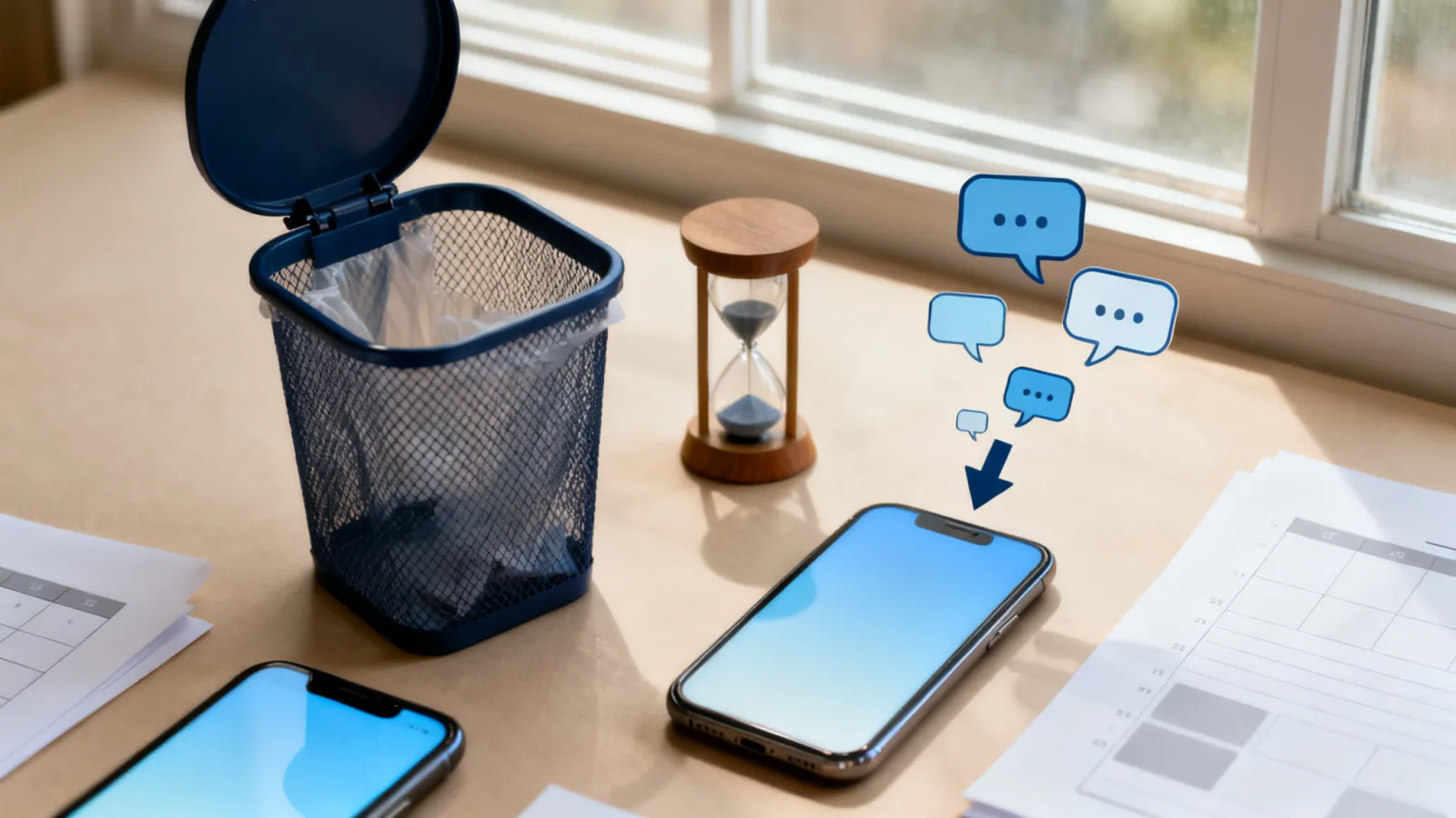 An open trash bin with message bubbles rising out of it along an arrow toward a phone, and an hourglass beside it