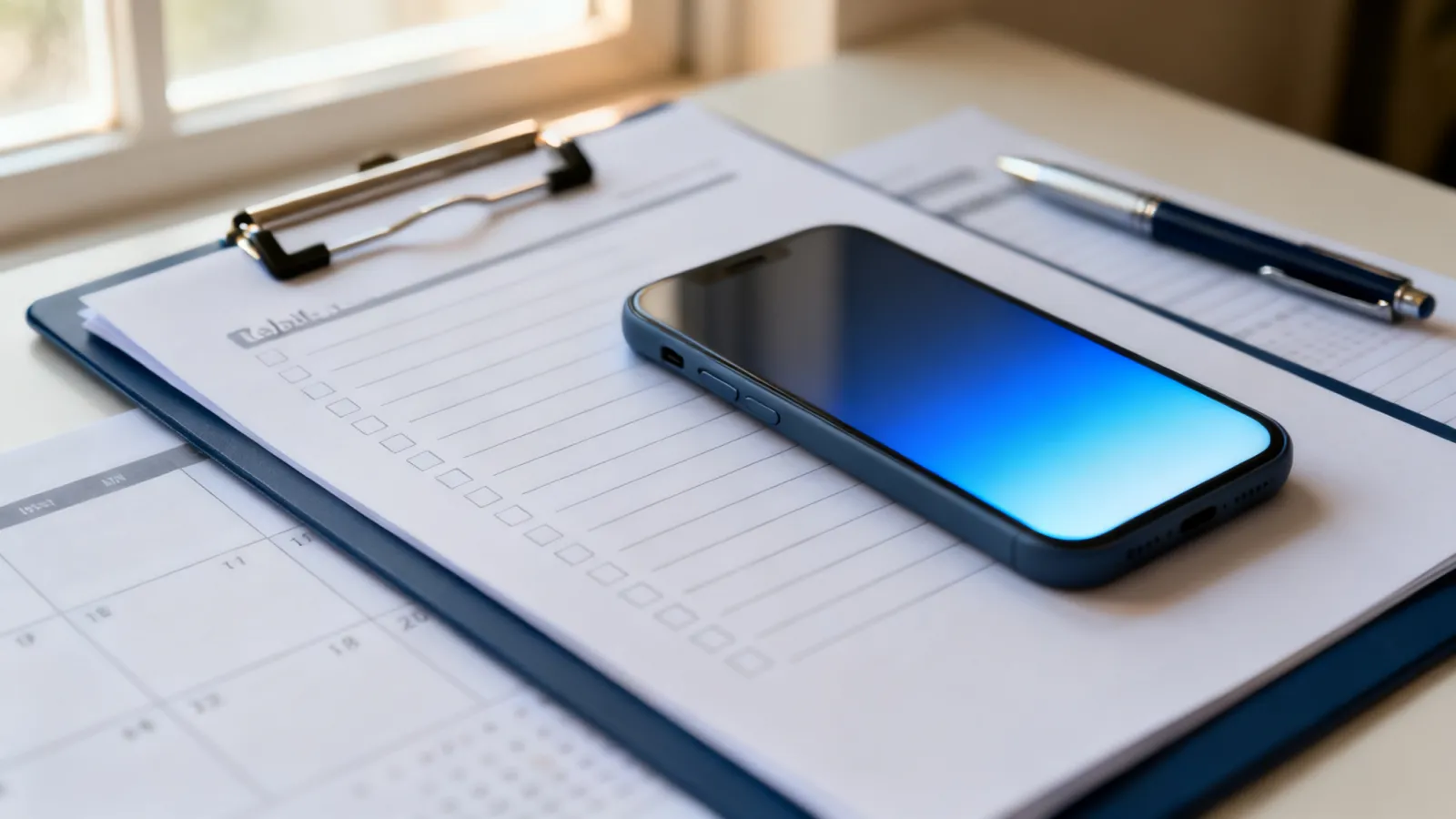 A clipboard checklist, a folder of tabbed papers, a phone, and a pen on a desk