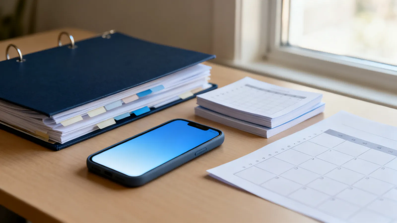 A tidy table with a binder of tabbed papers, three stacked copies, a single summary page, and a phone