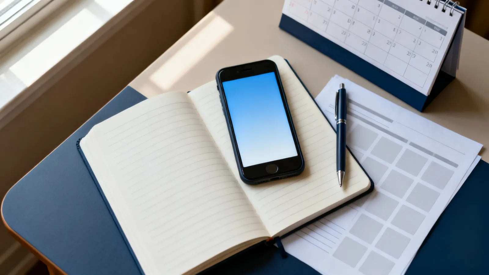 An open notebook with a ruled table beside a phone, a pen, and a desk calendar