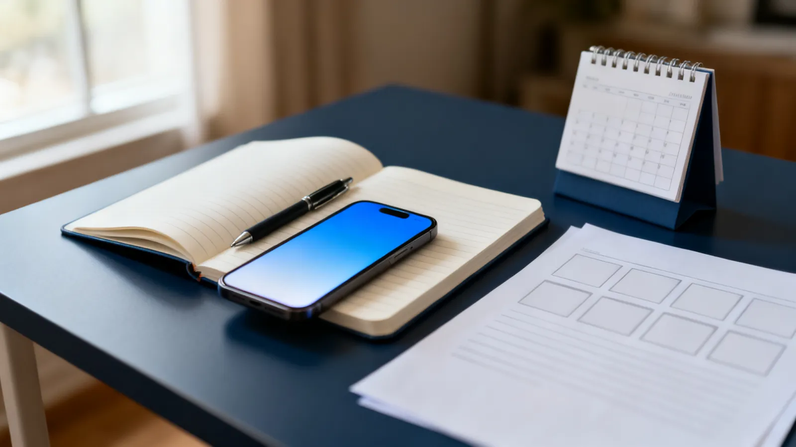 An open notebook with a ruled log, a pen, a phone, and a small desk calendar on a table