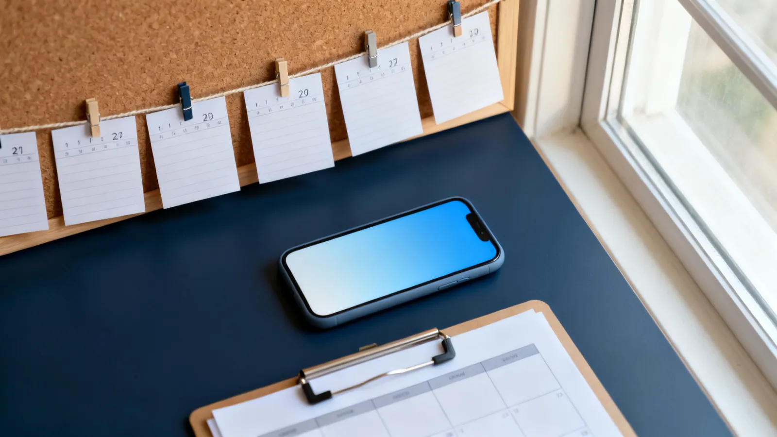A row of index cards pinned along a string in date order on a corkboard, with a phone and a folder below