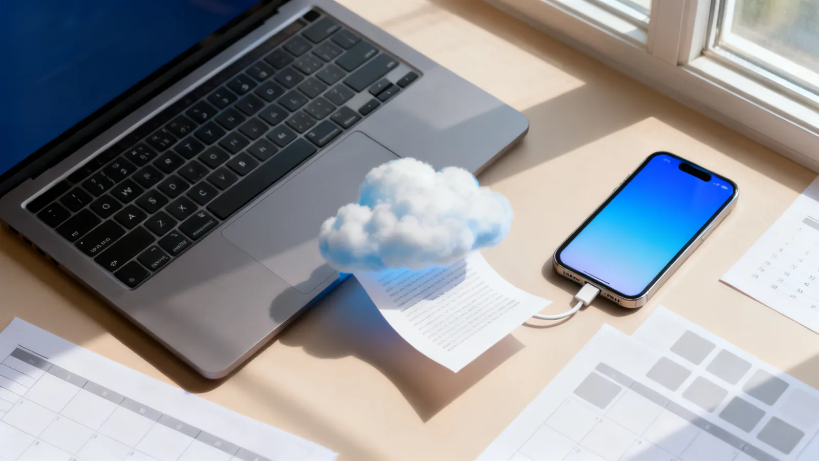 A laptop and an iPhone linked through the cloud, with a page coming out of the laptop