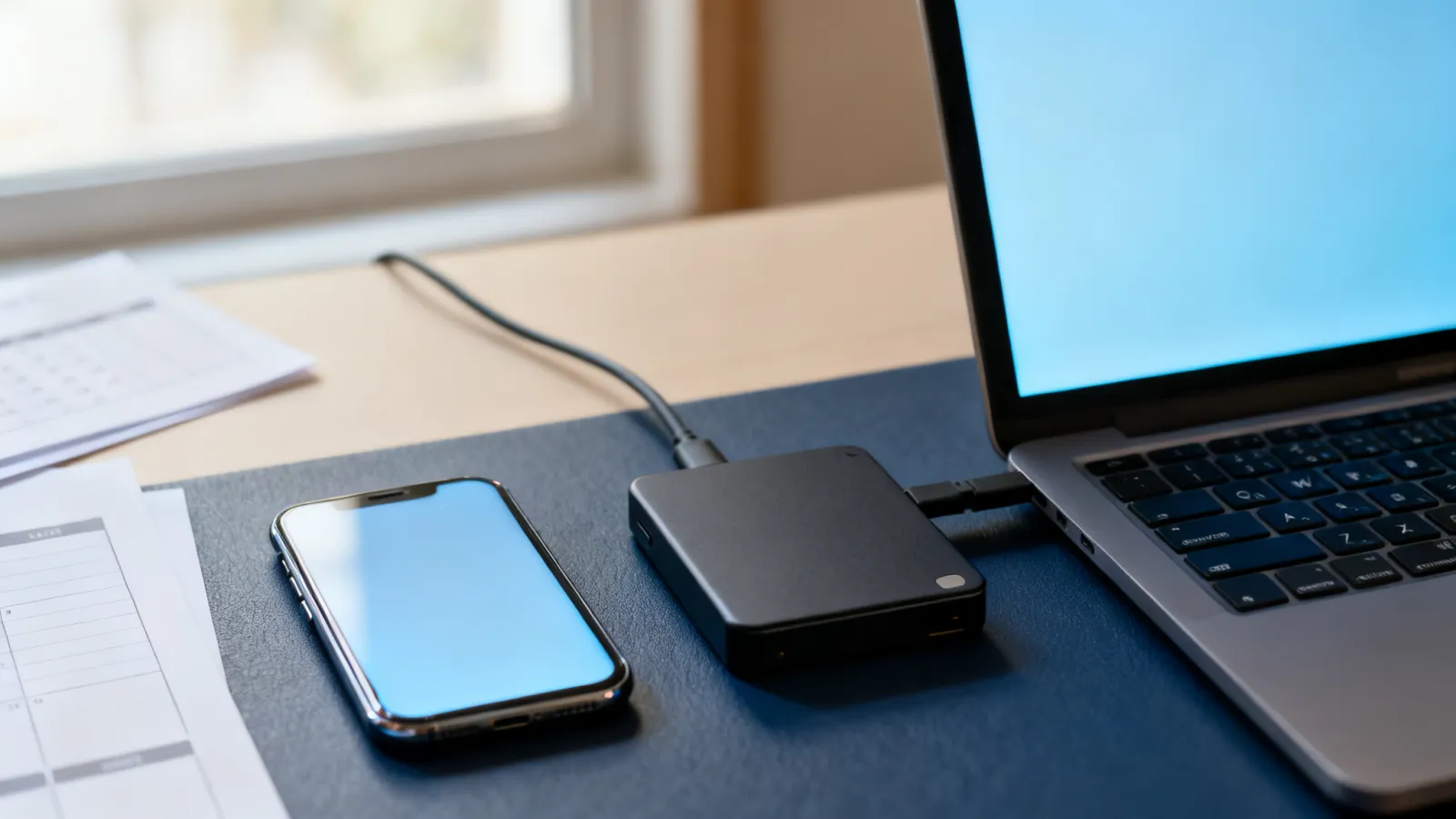 A smartphone, a laptop and a small external hard drive arranged neatly side by side on a desk, a cable connecting the phone to the laptop