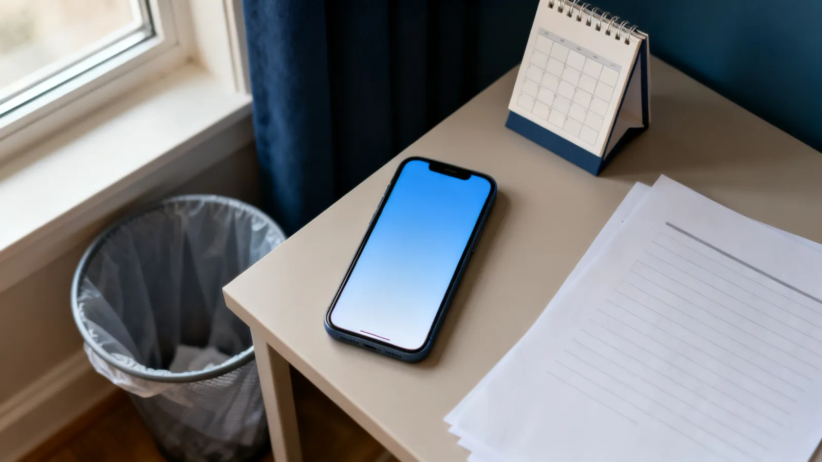 A smartphone lying on a table beside an empty wastebasket and a small desk calendar, calm tidy room