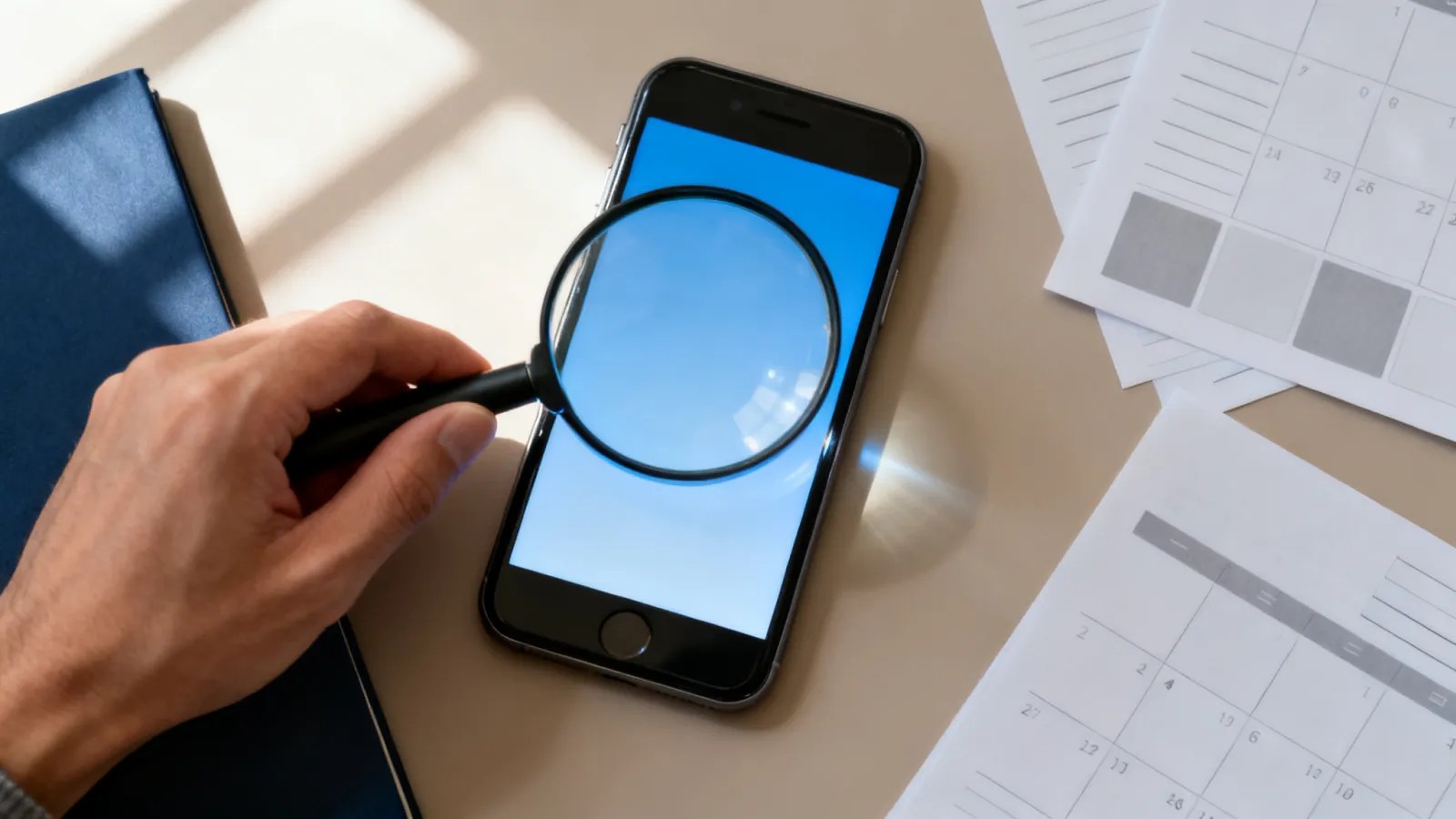 A hand holding a magnifying glass over a smartphone on a desk